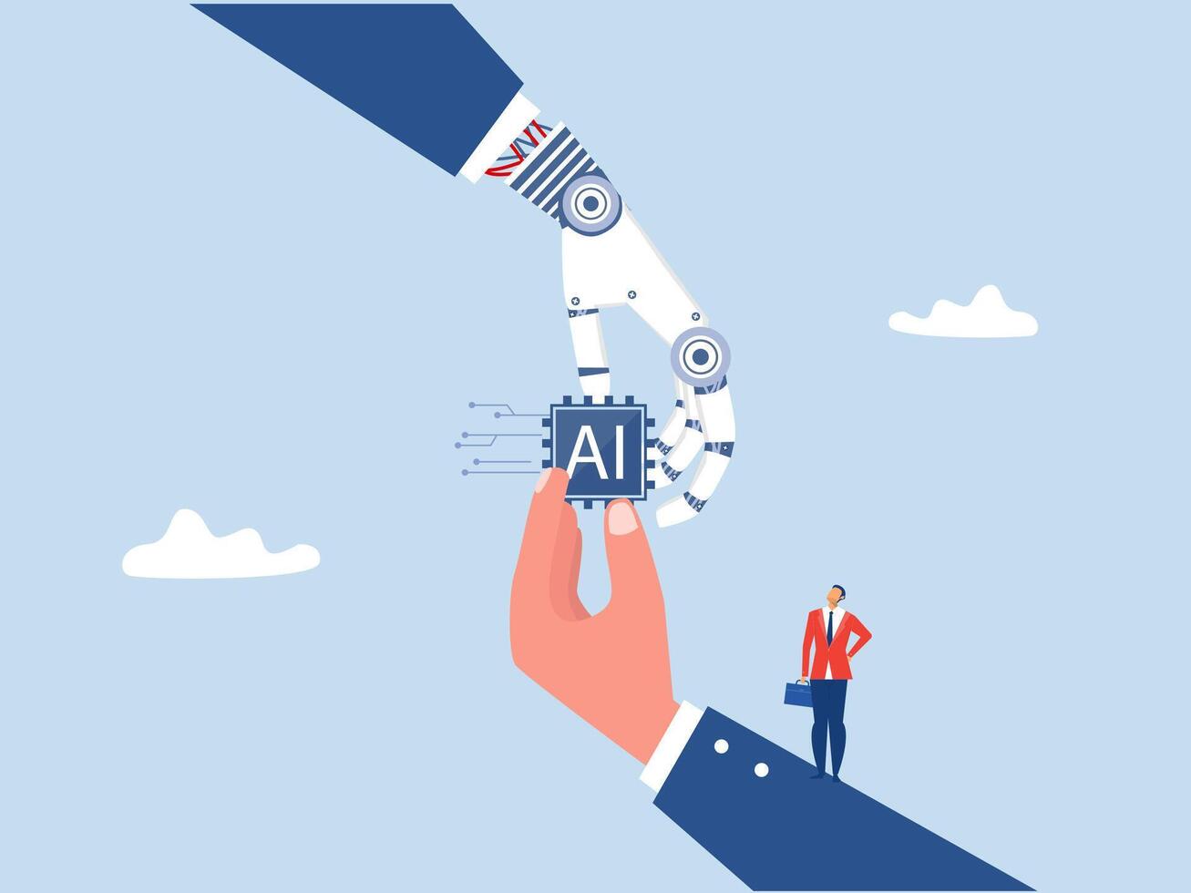 Artificial Intelligence And Robot Hand And Businessman Hand Partners robot machine and human cooperation Contract with cyborg future investment illustrator vector