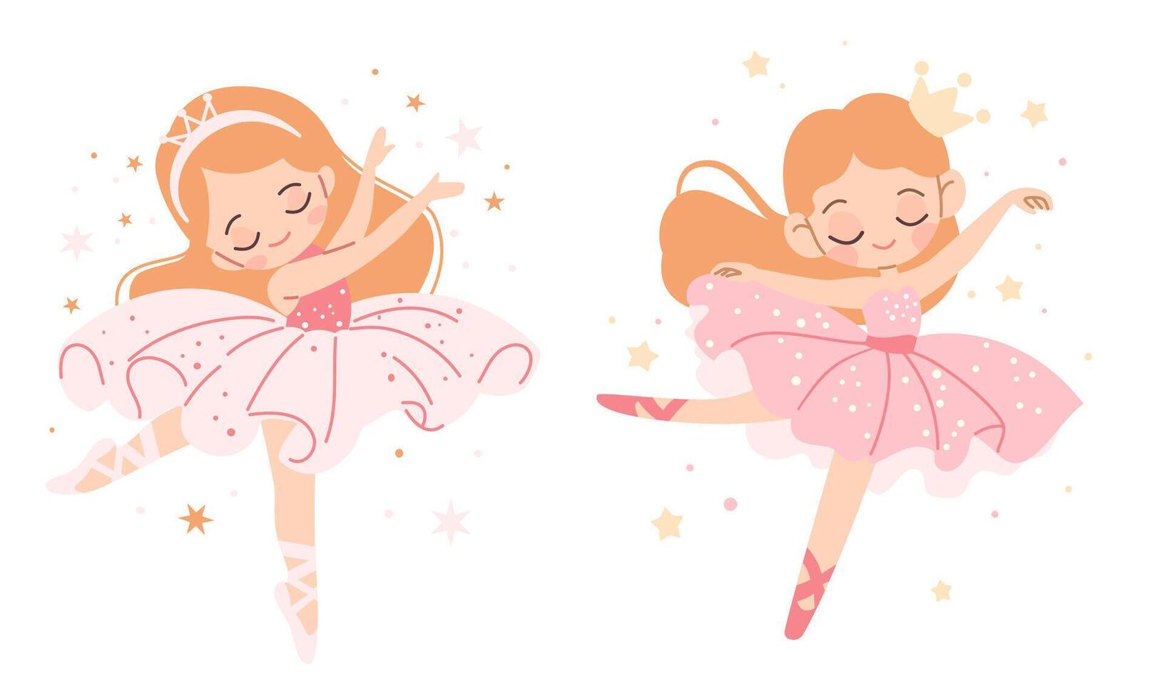 Flat illustration in children's style. Two cute ballerinas in pink dresses dancing, around the stars vector