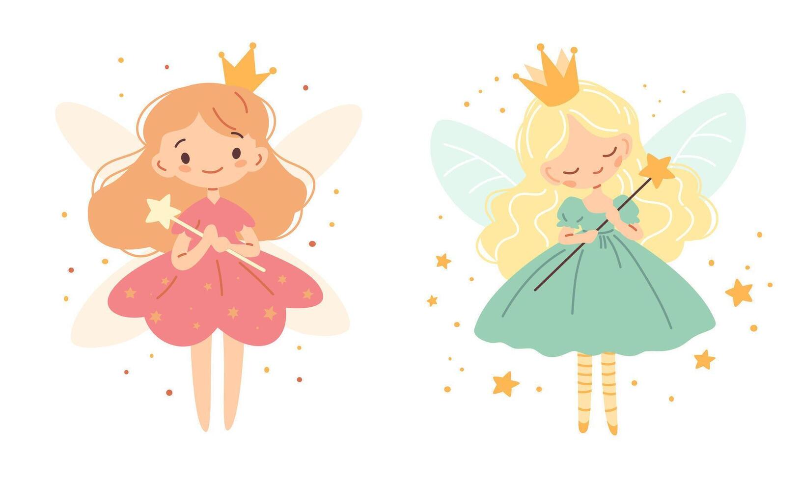 Set of flat illustrations in children's style. Cute fairy princesses in crowns flying with magic wands vector