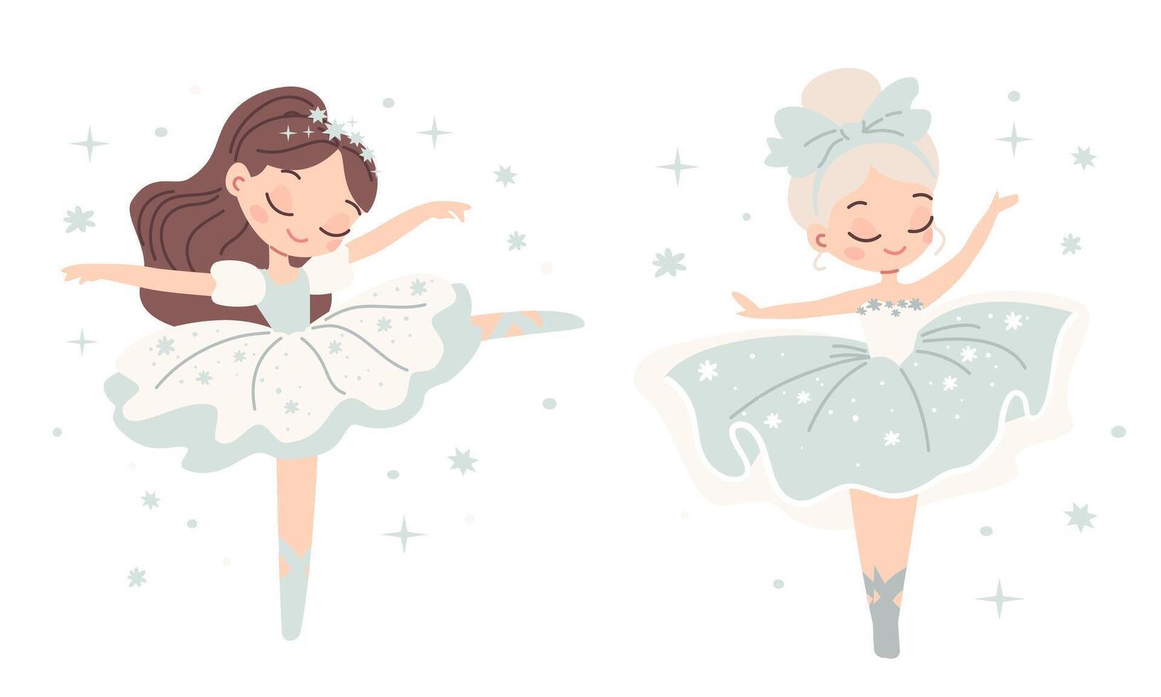 Flat illustration in children's style. Two cute ballerinas in blue dresses dancing, around the stars vector
