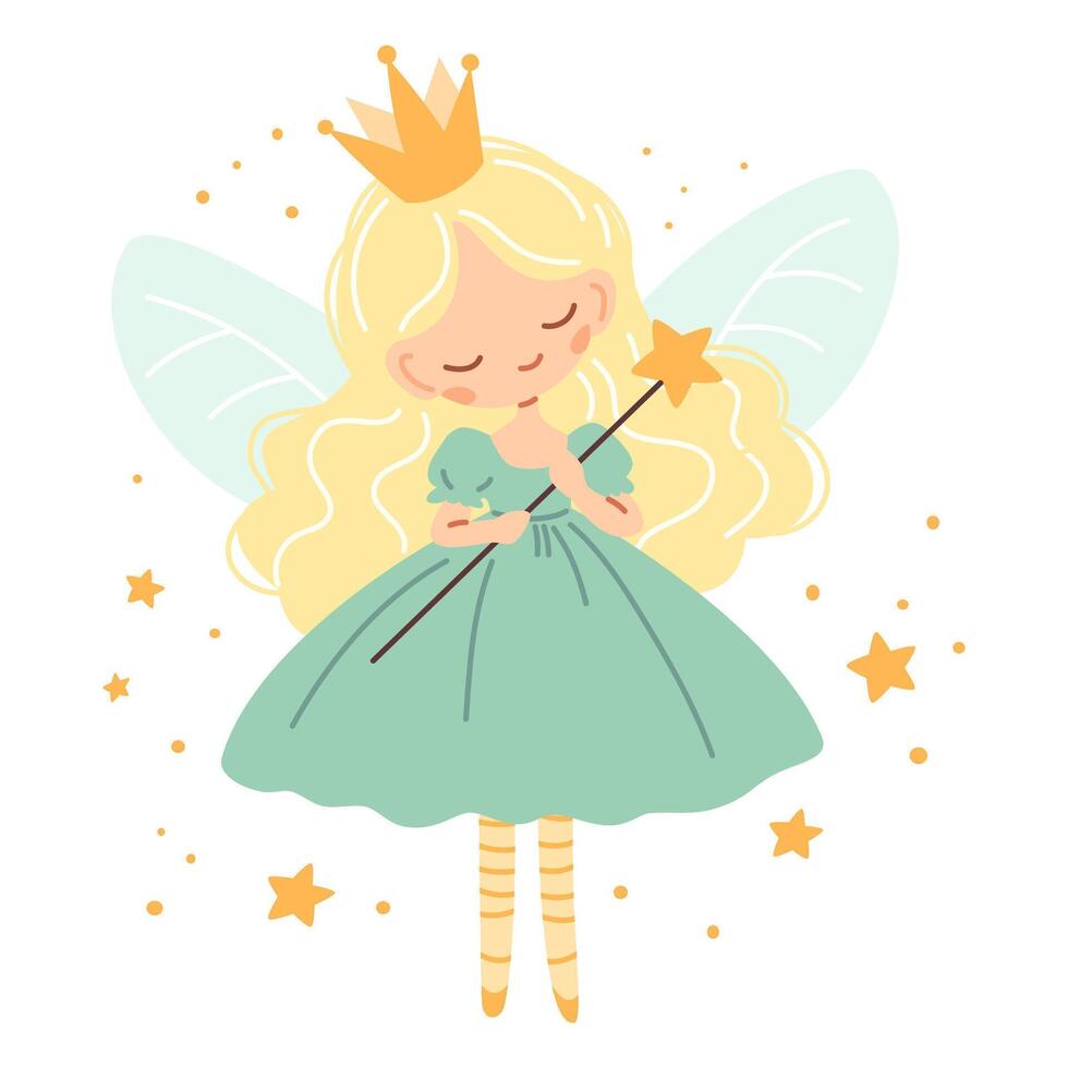 Flat illustration in children's style. Cute fairy princess with magic wand on white background vector