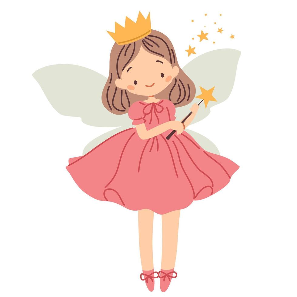 Flat illustration in children's style. Cute fairy princess with magic wand on white background vector