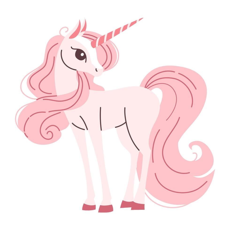 Flat illustration in children's style. Cute pink unicorn with long mane on white background vector