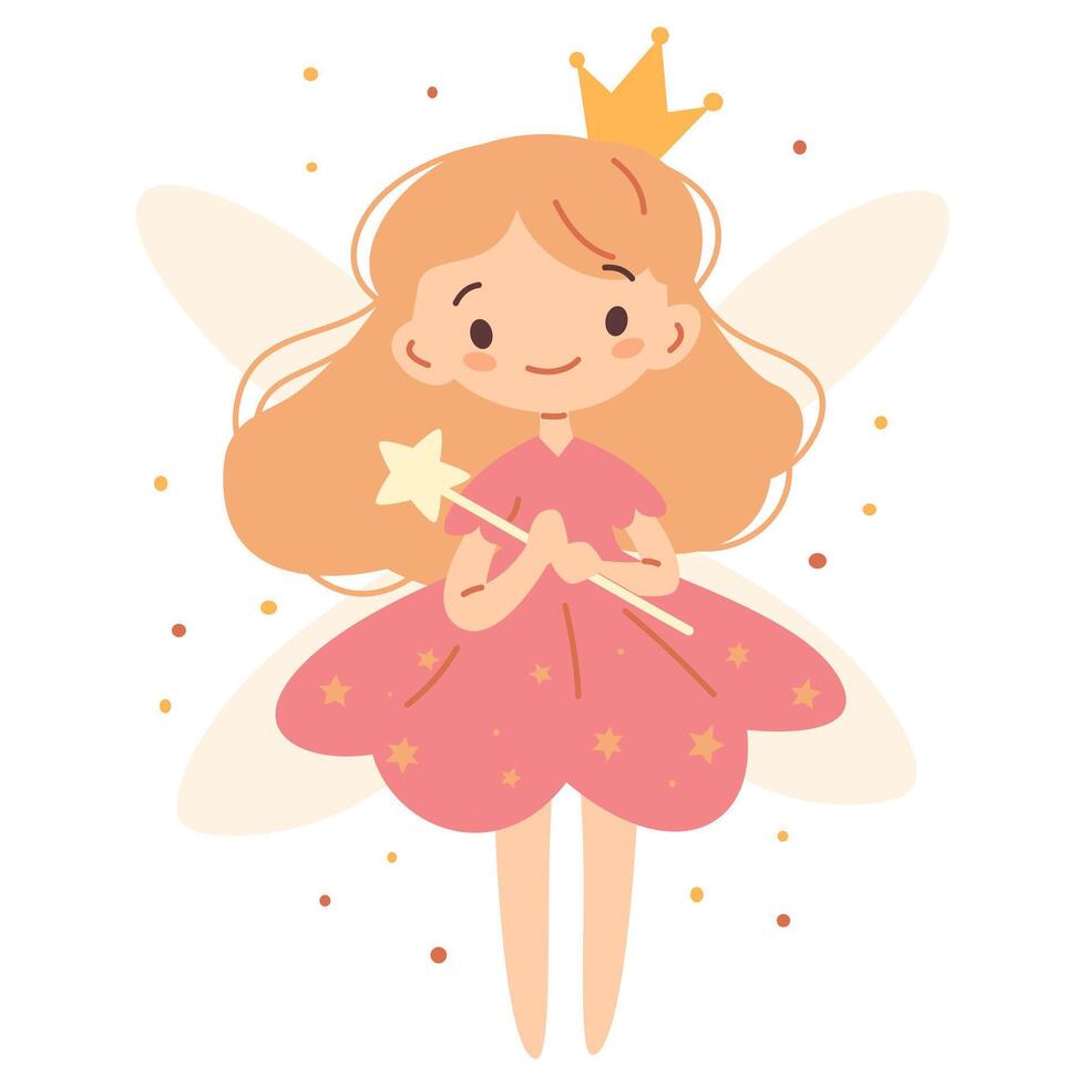 Flat illustration in children's style. Cute fairy princess with magic wand on white background vector