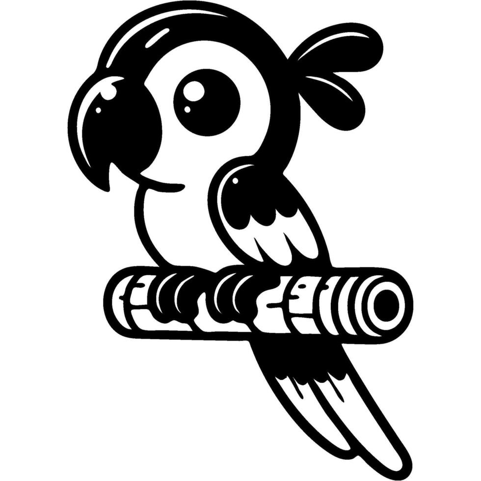 Baby parrot sits on bamboo perch in monochrome. Simple minimalistic image in black ink drawing on white background vector