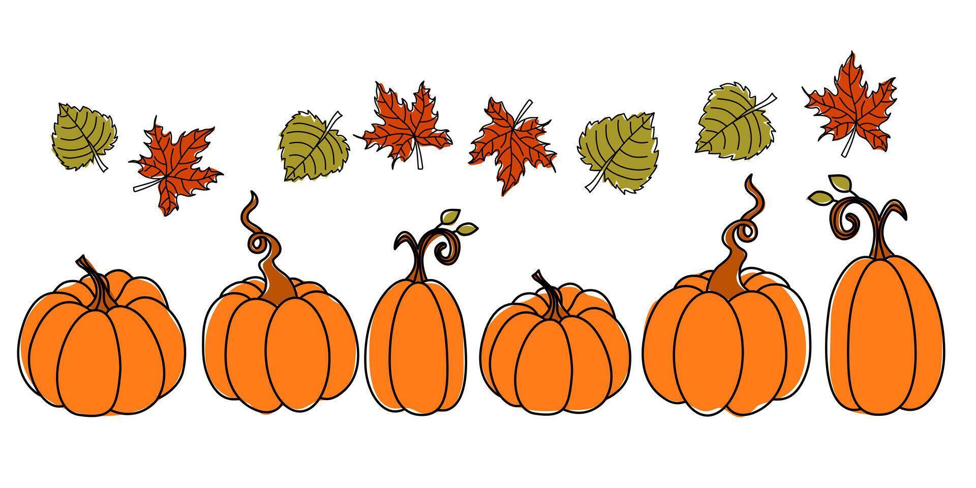 Doodle abstract Pumpkins set. Autumn Vegetable harvest. Cute Pumpkin silhouette isolated on white. Halloween Thanksgiving holiday element for card, invitation, banner, packaging design vector