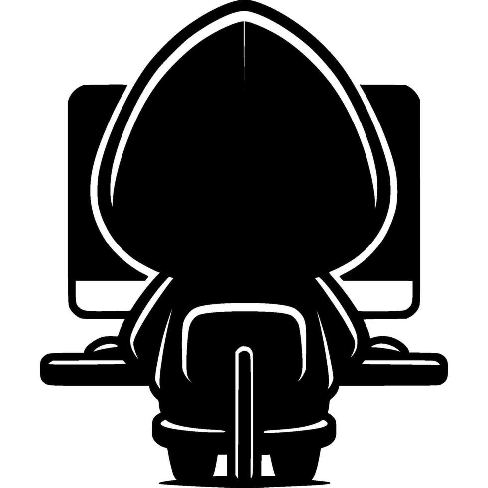 Hacker sits with his back hidden from observer in monochrome vector