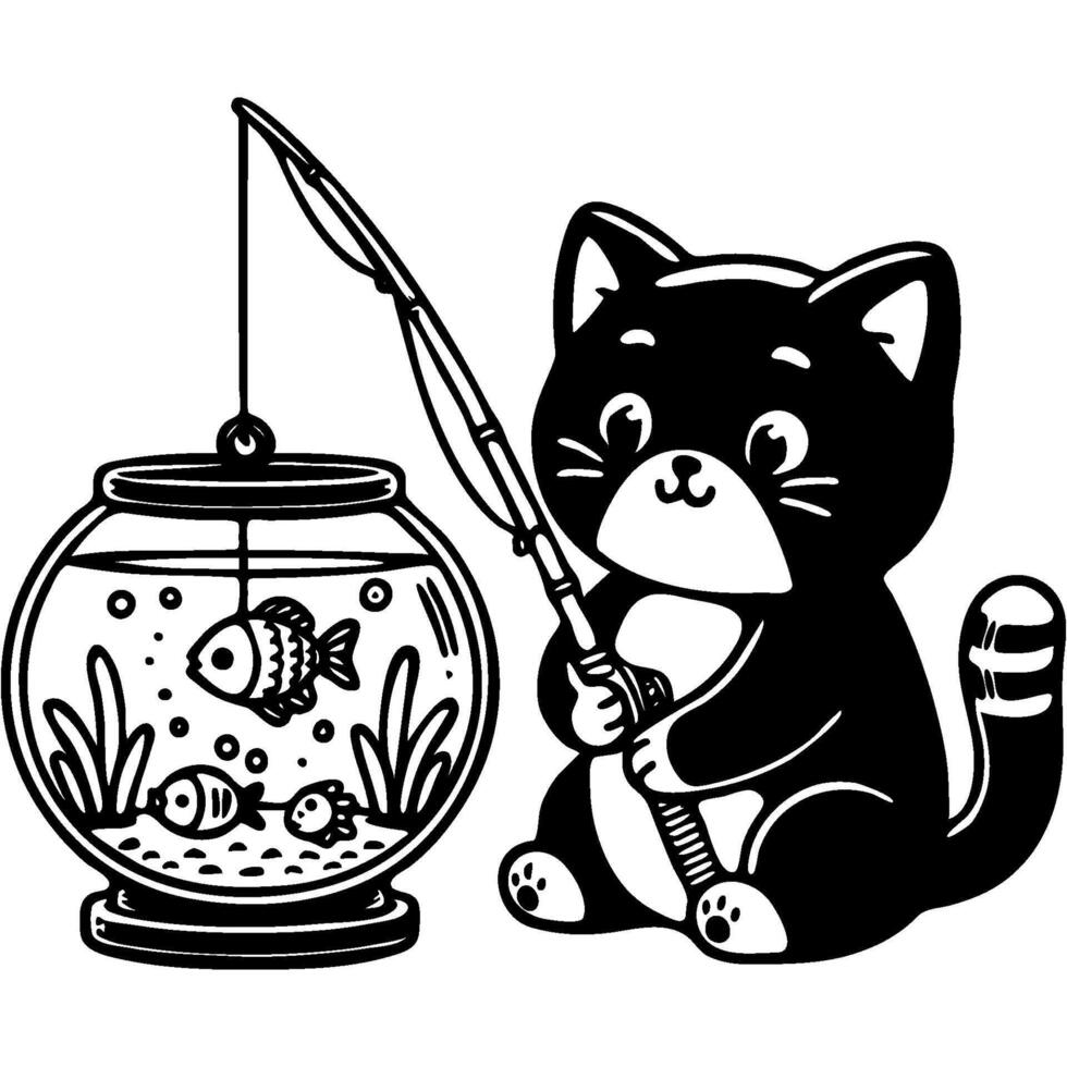 Kitten with a fishing rod sits fishing near an aquarium with domestic fish in monochrome. Simple minimalistic image in black ink drawing on white background vector