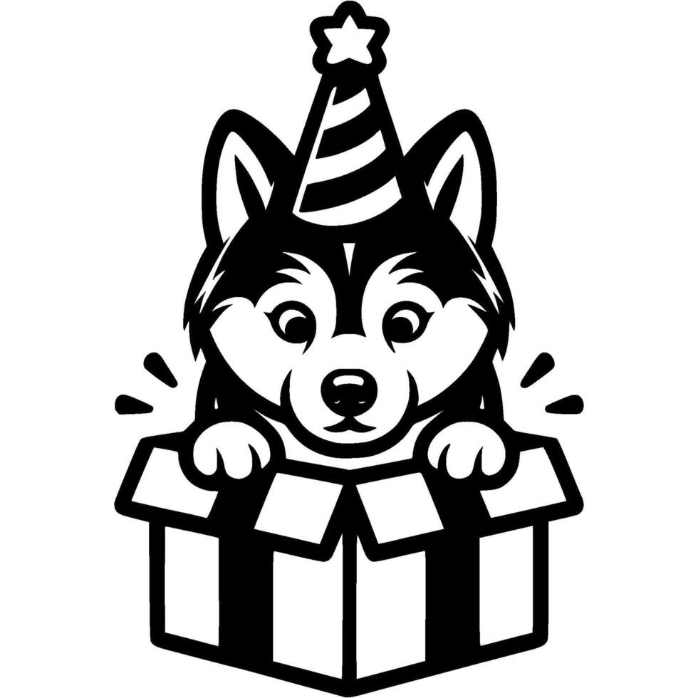 Husky puppy peeking out of an open gift box in monochrome vector