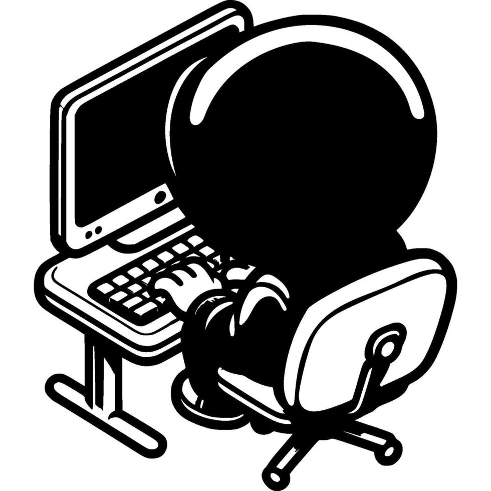 Hacker hacks someone else data while sitting at a remote computer in monochrome vector