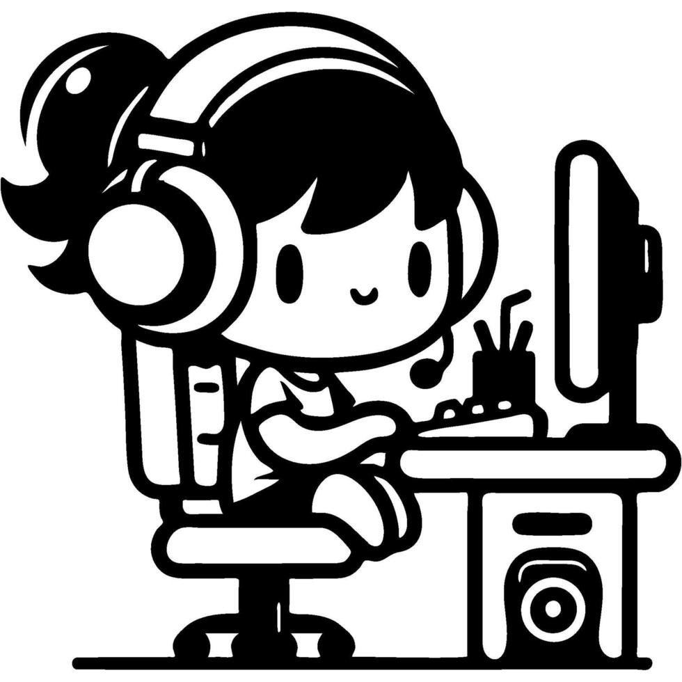 Girl playing on computer with headphones and microphone in monochrome vector