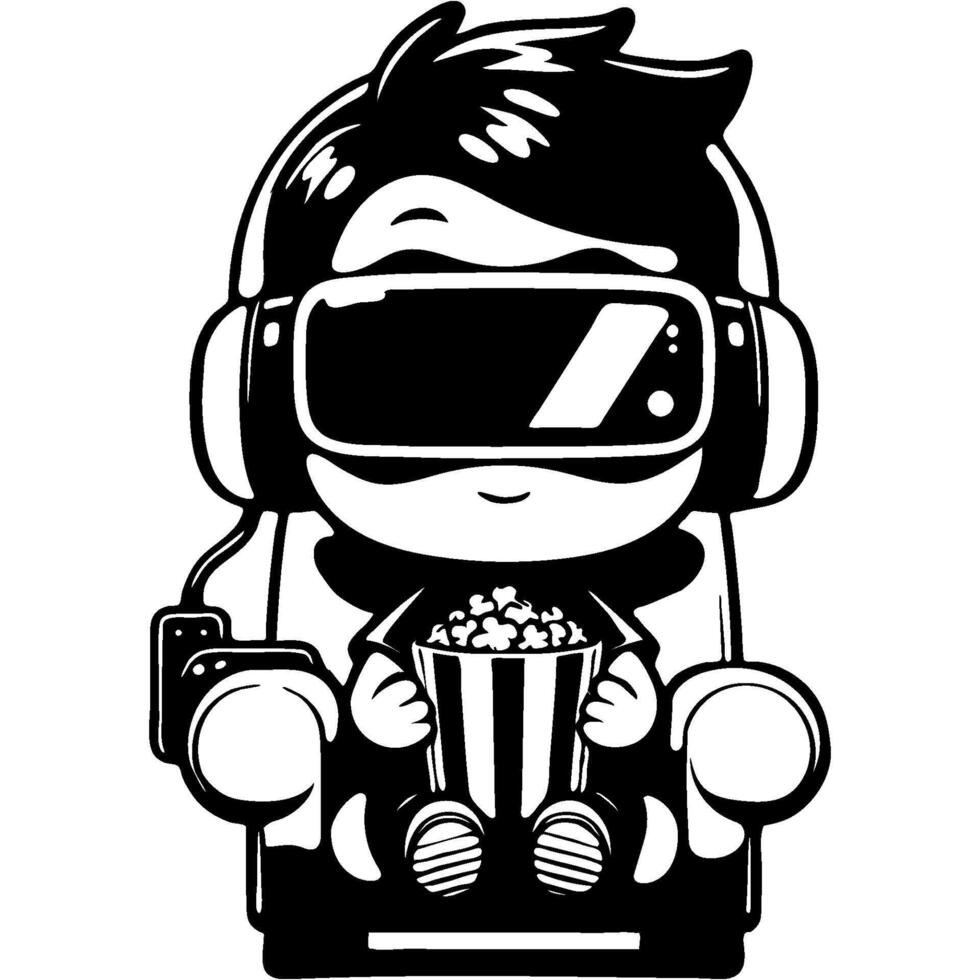 Boy in virtual reality glasses watching a movie Sitting in a chair and eating popcorn in monochrome. Simple minimalistic image in black ink drawing on white background vector