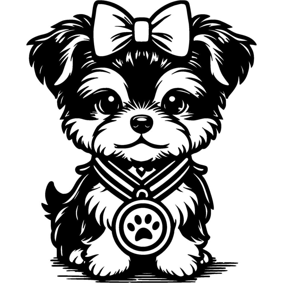 Yorkshire terrier girl puppy with dog show winner medal worn around its neck in monochrome vector