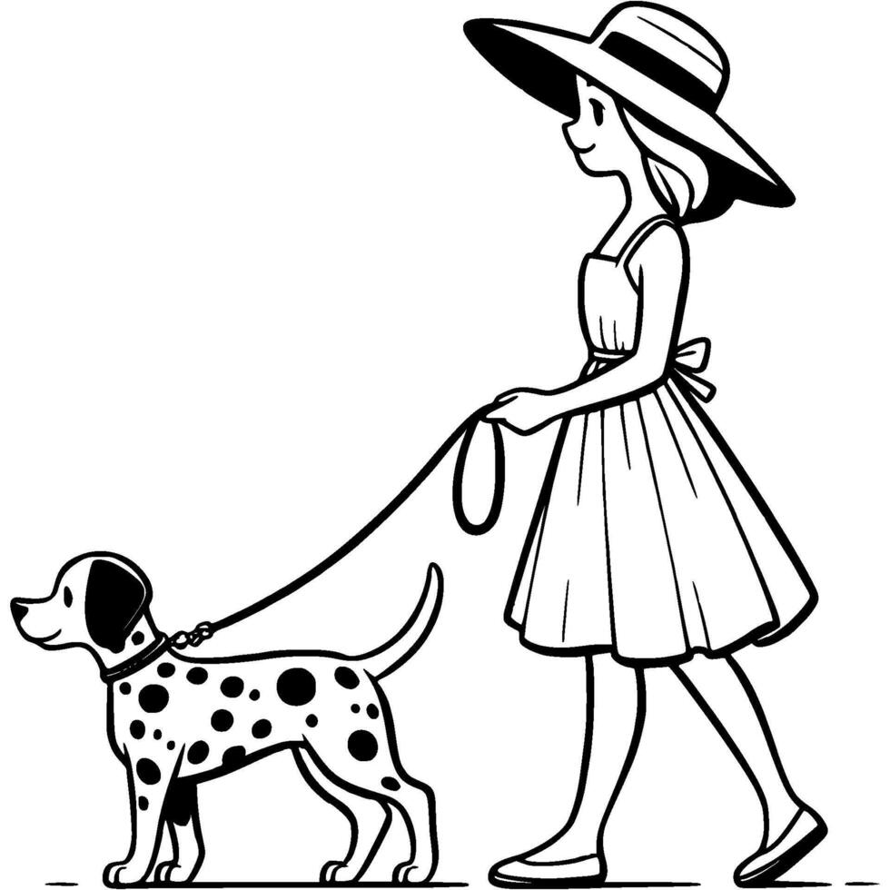 Woman owner dressed in a summer dress and hat leads a Dalmatian on a leash in monochrome. Simple minimalistic image in black ink drawing on white background vector