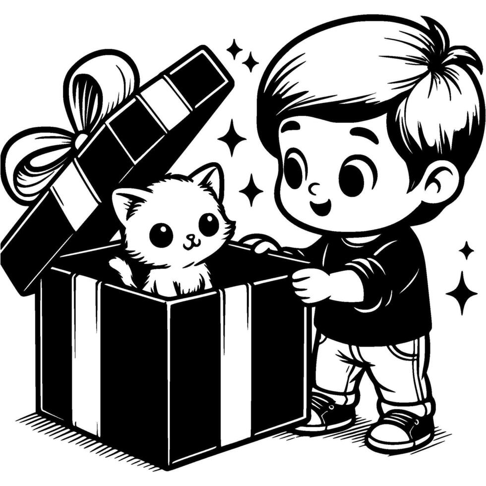 Little boy takes a kitten he was given out of a box in monochrome. Simple minimalistic image in black ink drawing on white background vector