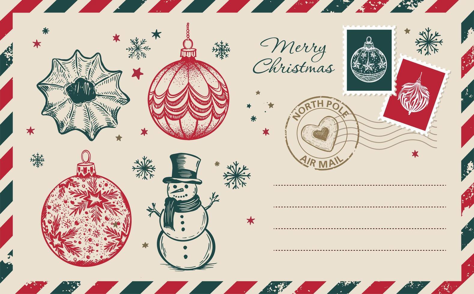 Christmas mail with toy, postcard, hand drawn illustration. vector
