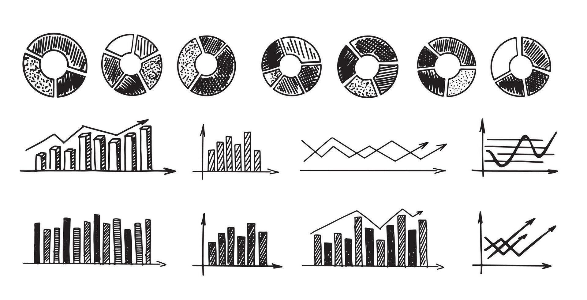 Graphs and Charts on white background, Set hand drawn . vector