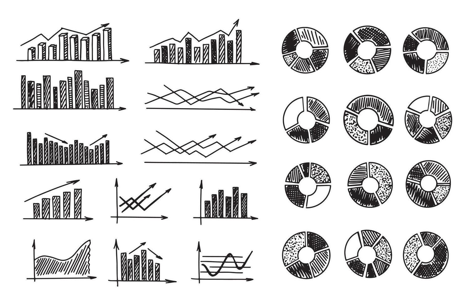 Graphs and Charts on white background, Set hand drawn . vector