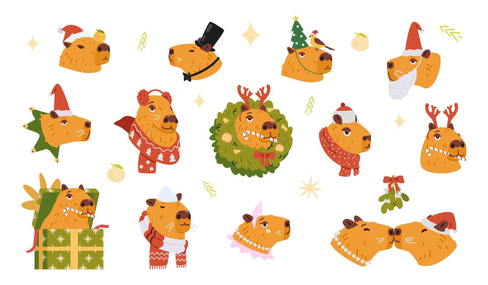 Capybara heads in Christmas outfit and decorations flat illustrations set isolated on white. Capybaras in scarfs, deer antlers, wreath, gift box, santa hat, cylinder, bow tie, kissing under mistletoe. vector