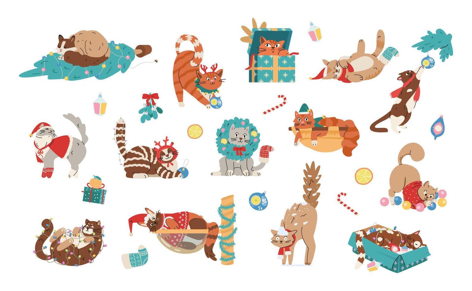Christmas funny cats flat illustrations set isolated on white. Cute cats in sweaters and scarfs, deer antlers and wreath playing with garlands, Christmas toys and tree. vector