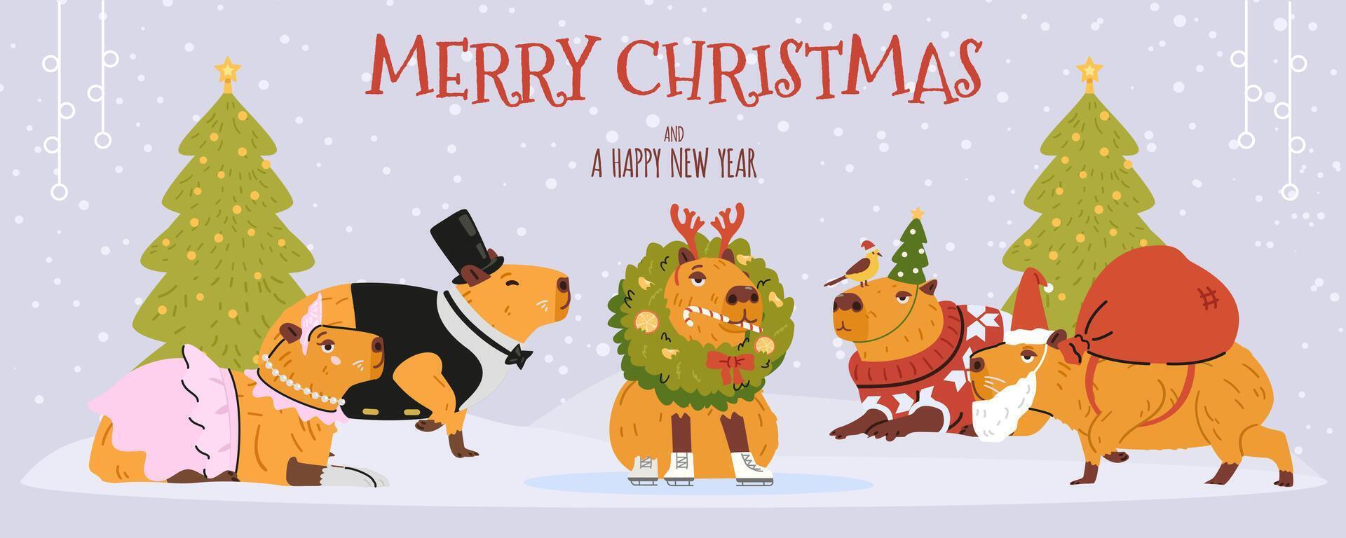 Merry Christmas and a happy new year horizontal banner with funny capybaras sitting under snowfall. vector
