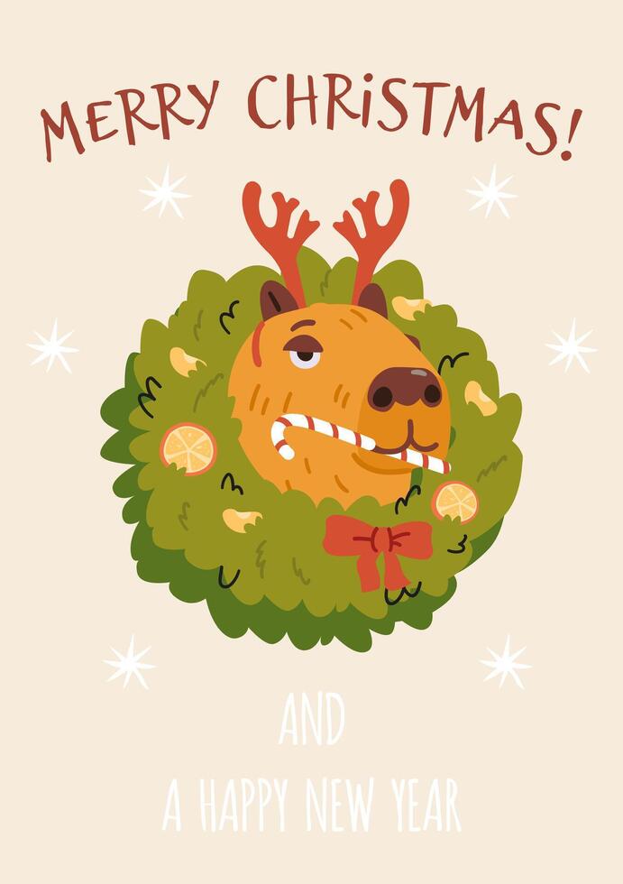 Merry Christmas and happy new year greeting card with funny capybara head in Christmas wreath and deer antlers eating candy cane illustration. vector