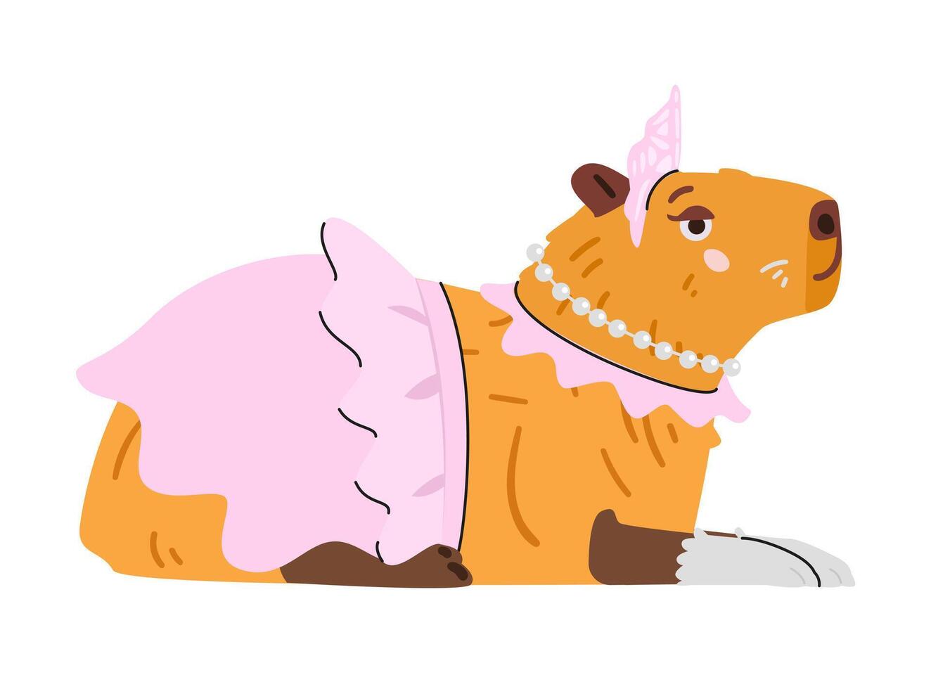 Elegant capybara in ball dress, gloves, tiara and beads flat illustration isolated on white. vector