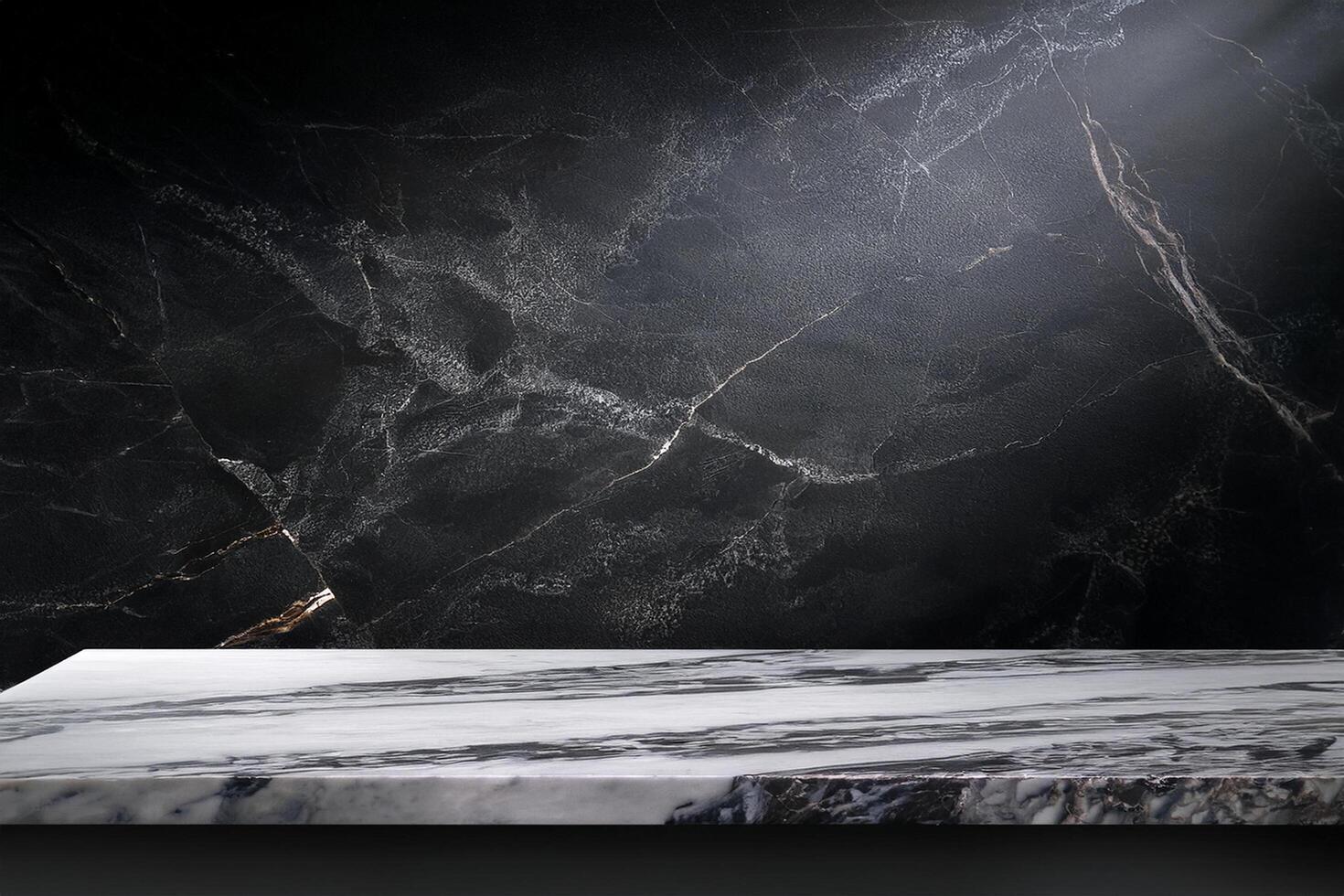 A marble counter top in front of a black wall photo