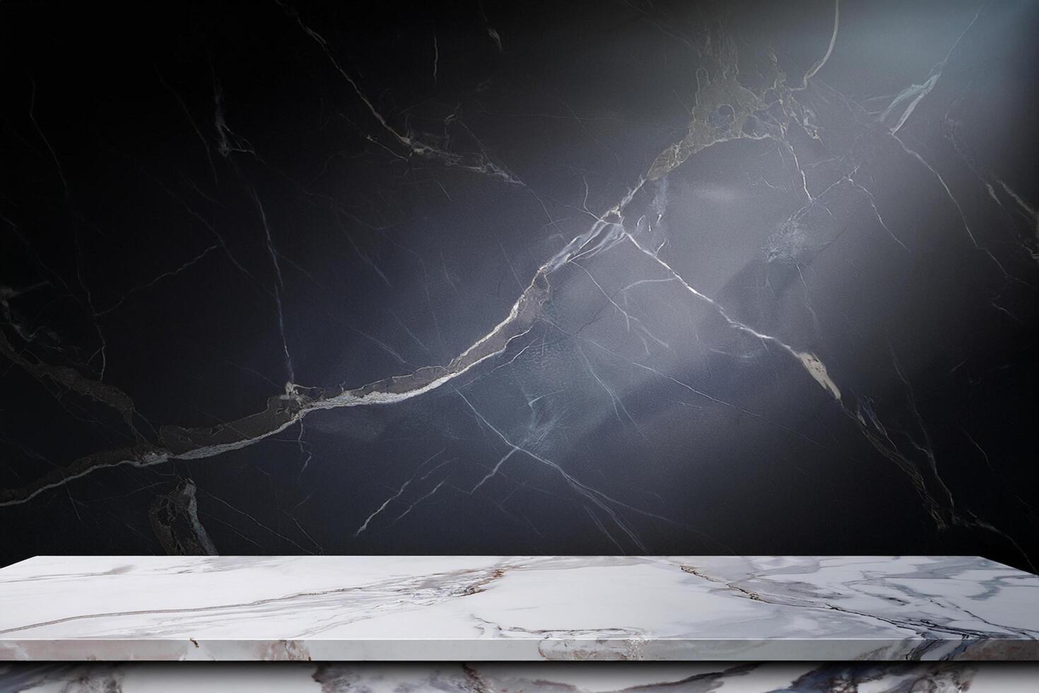 A marble table in front of a black wall photo