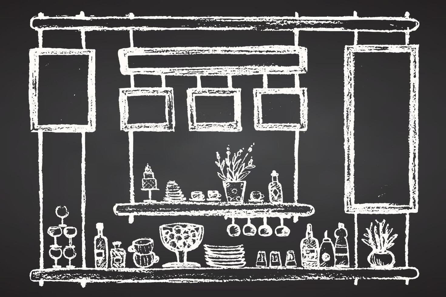 Shop window in interior of restaurant, cafe. bar. Shelves for dishes, glasses, bottles. Boards for menus, advertising and prices. Hand drawing sketch on chalkboard background. illustration. vector