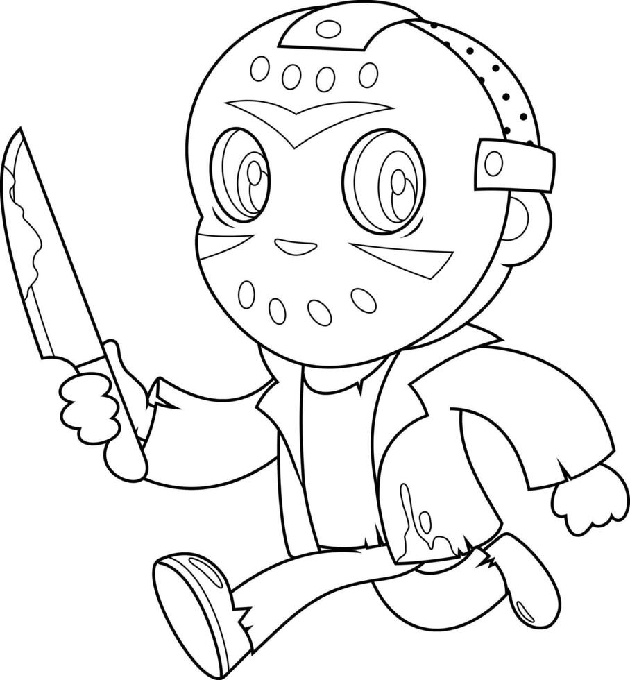 Outlined Cute Jason Murderer Cartoon Character Running With Bloody Knife vector
