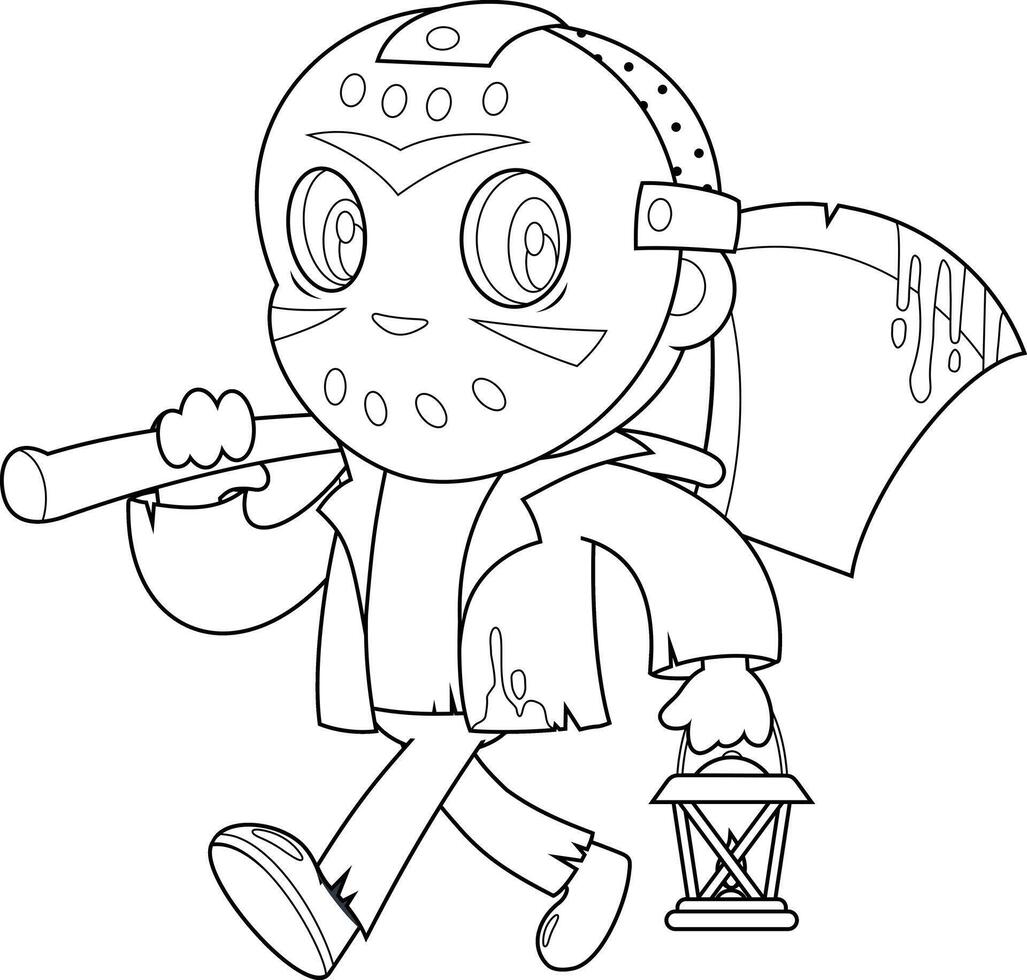 Outlined Cute Jason Murderer Cartoon Character Walking With Blood Axe And Lit Lantern On Halloween Night vector