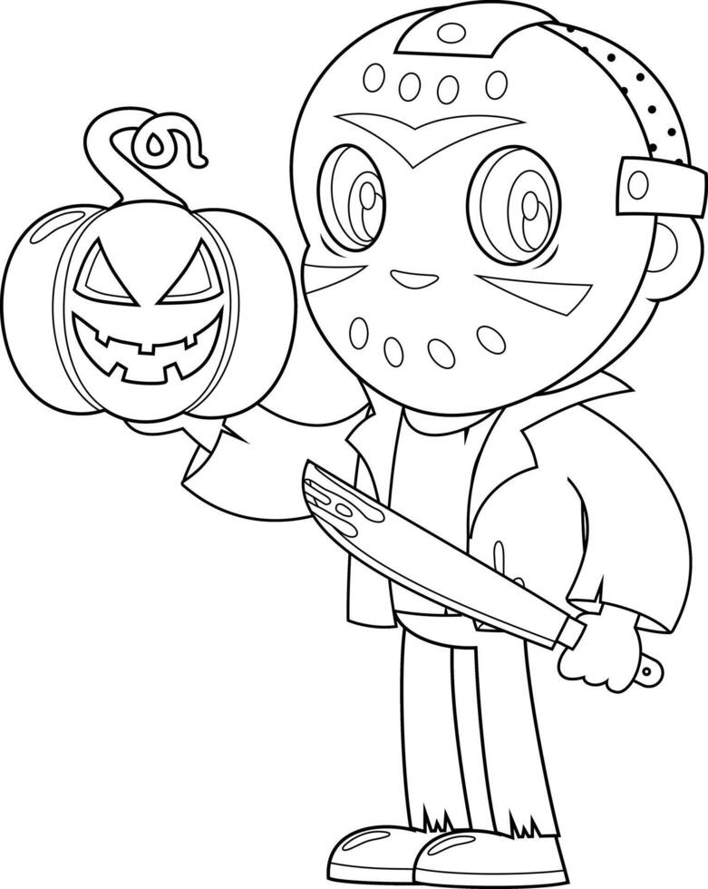 Outlined Cute Jason Murderer Cartoon Character Showing Halloween Jack O'Lantern Pumpkin And Holding A Bloody Machete vector