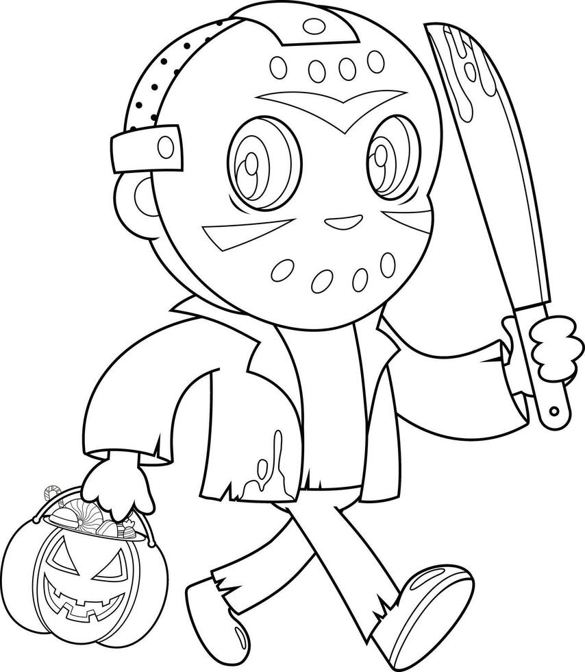 Outlined Cute Jason Murderer Cartoon Character Walking With Pumpkin Candy Basket And Holding A Bloody Machete vector