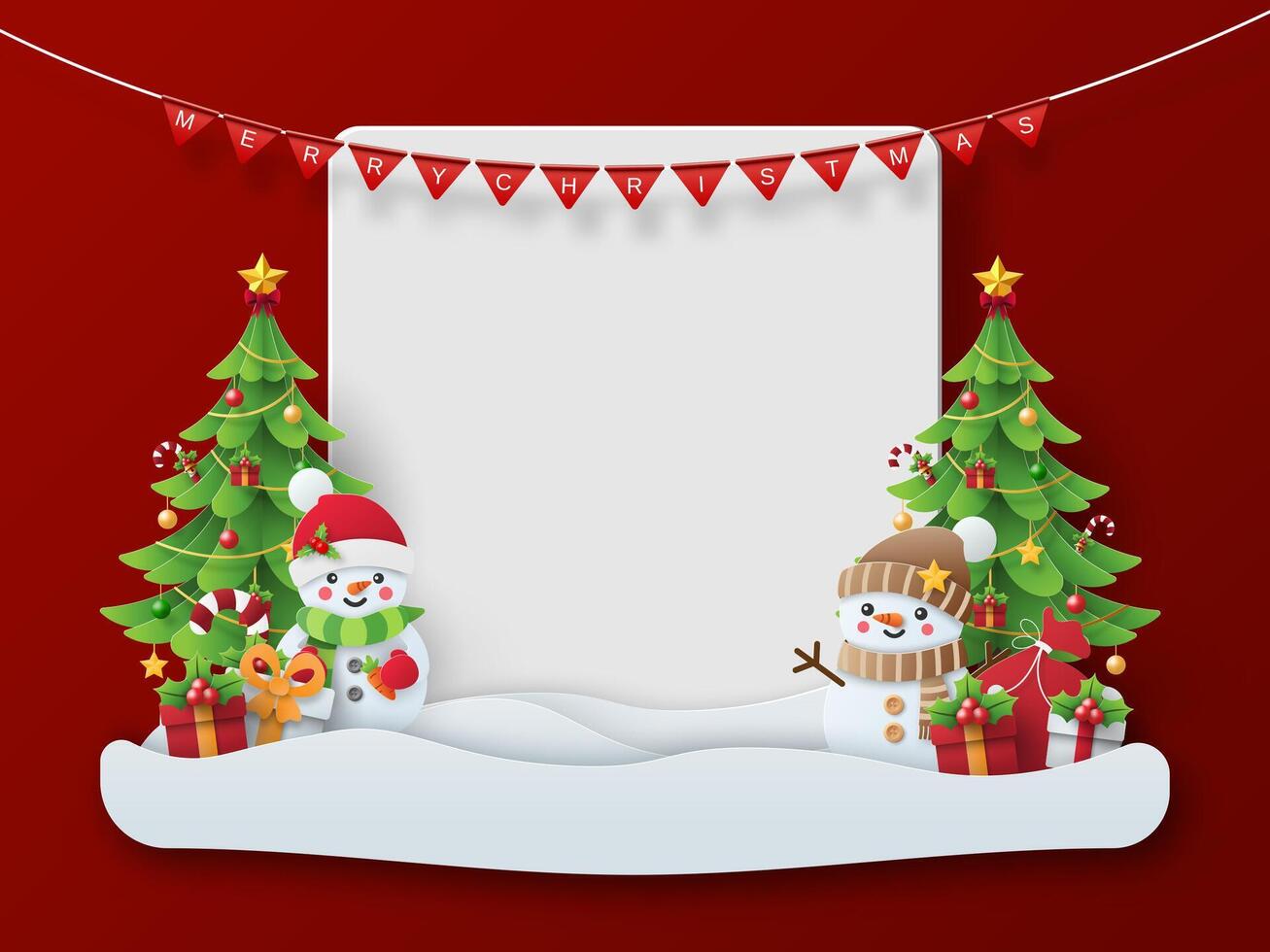 Merry Christmas and Happy New Year, Christmas banner postcard of Snowman, Christmas tree with blank space. vector