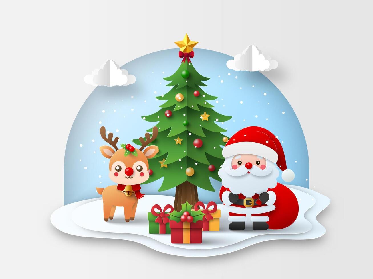 Merry Christmas and Happy New Year, Christmas banner postcard of Santa Claus and reindeer with Christmas tree and gift. vector
