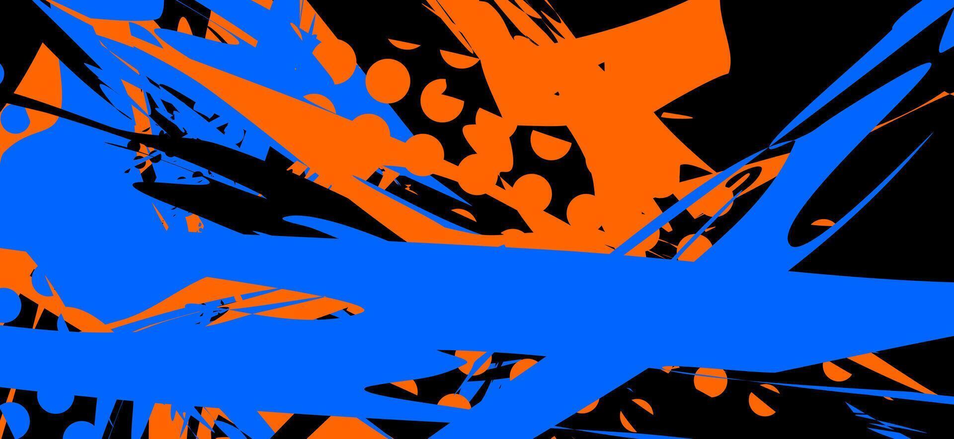Abstract blue, orange, and black brushstrokes and circles on a dark background. vector
