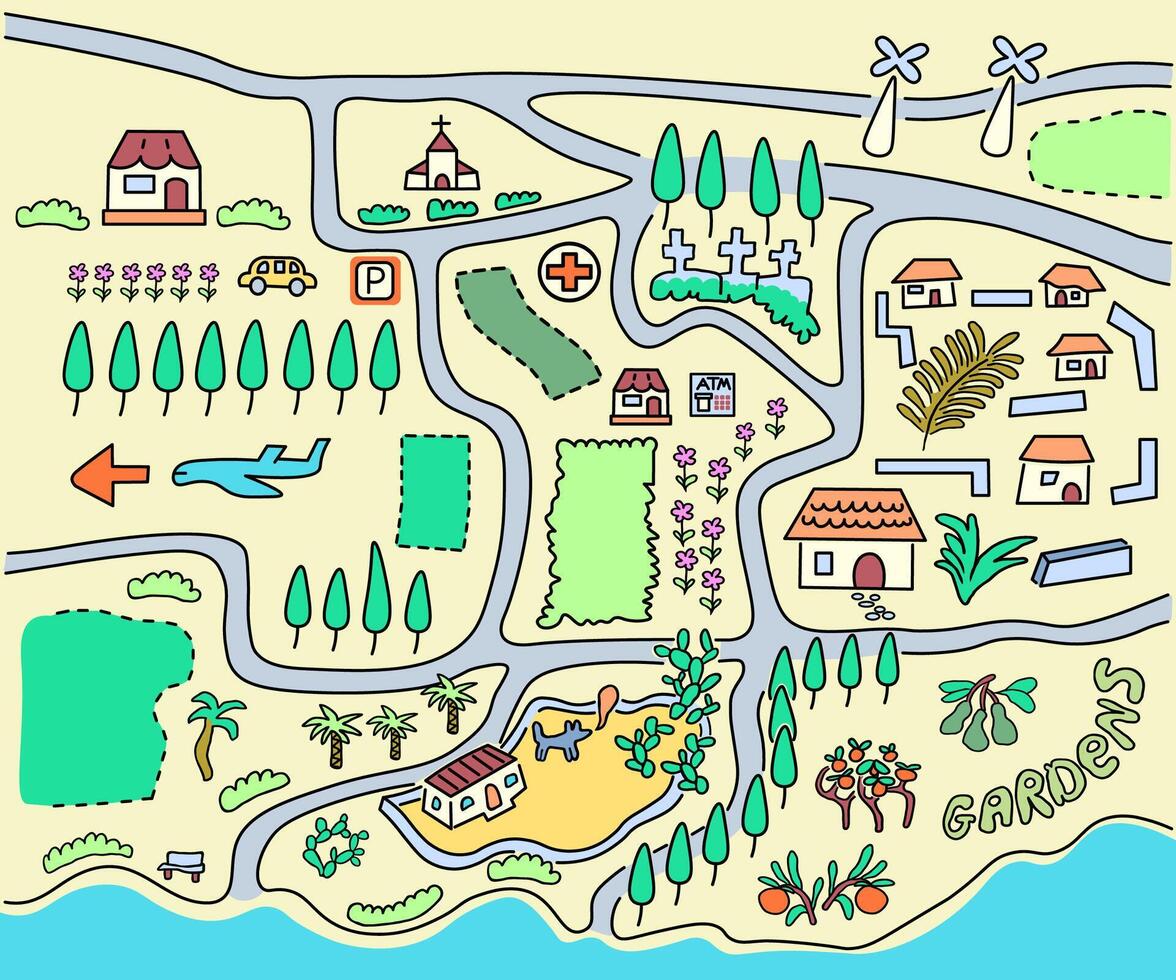 cute village map in doodle style vector
