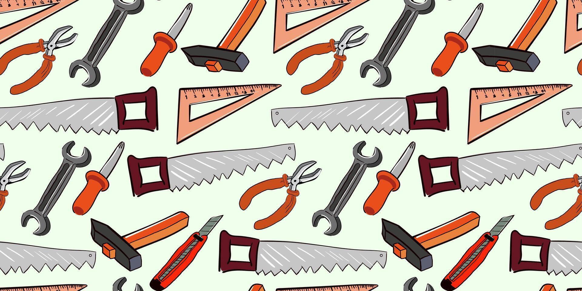 seamless pattern with work tools in doodle style vector
