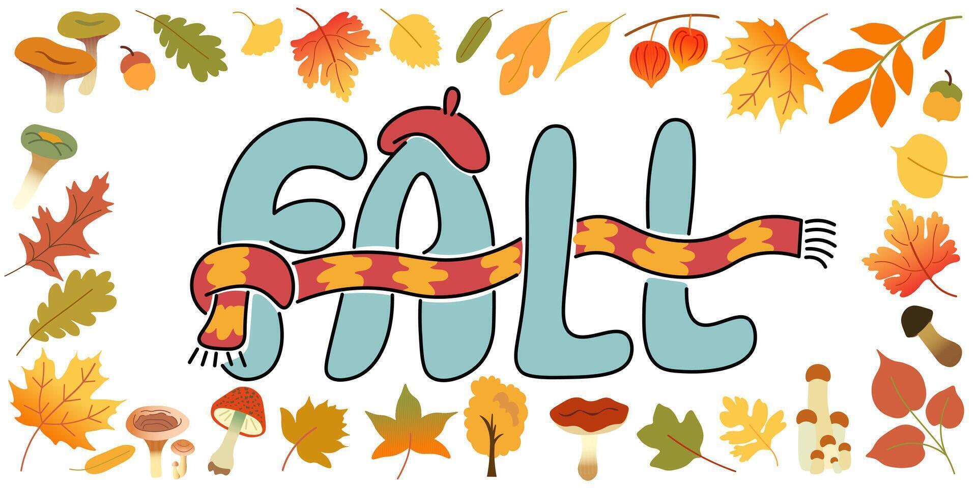 horizontal fall frame banner with scarf and hat vector