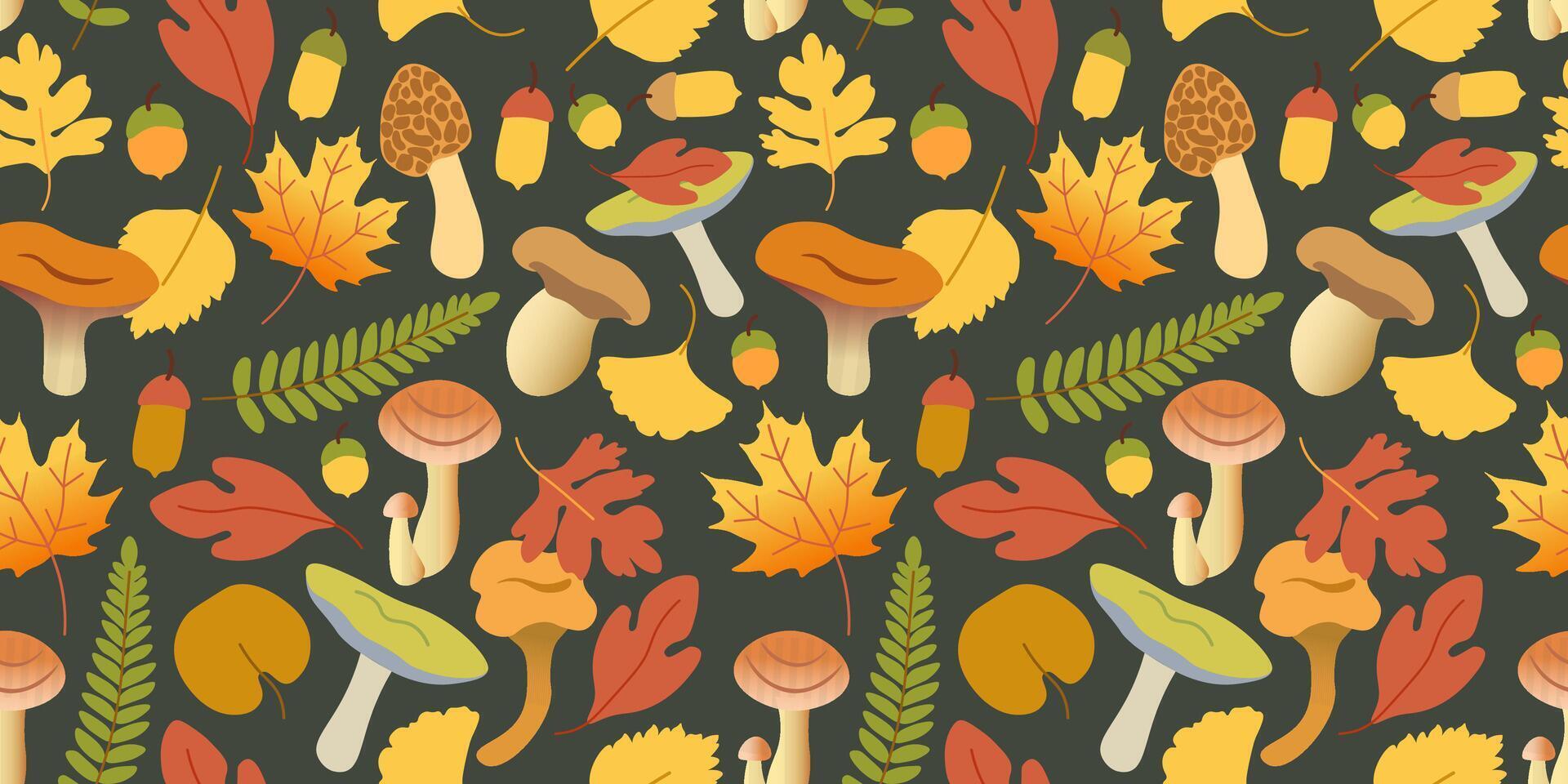 fall seamless pattern with leaf and mushrooms on dark background vector