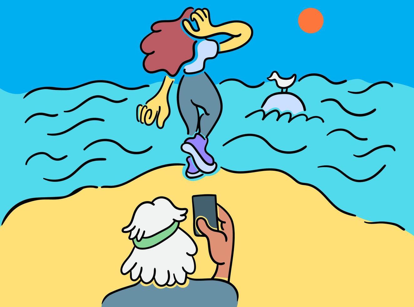 characters making a photo on the sea side in doodle style vector