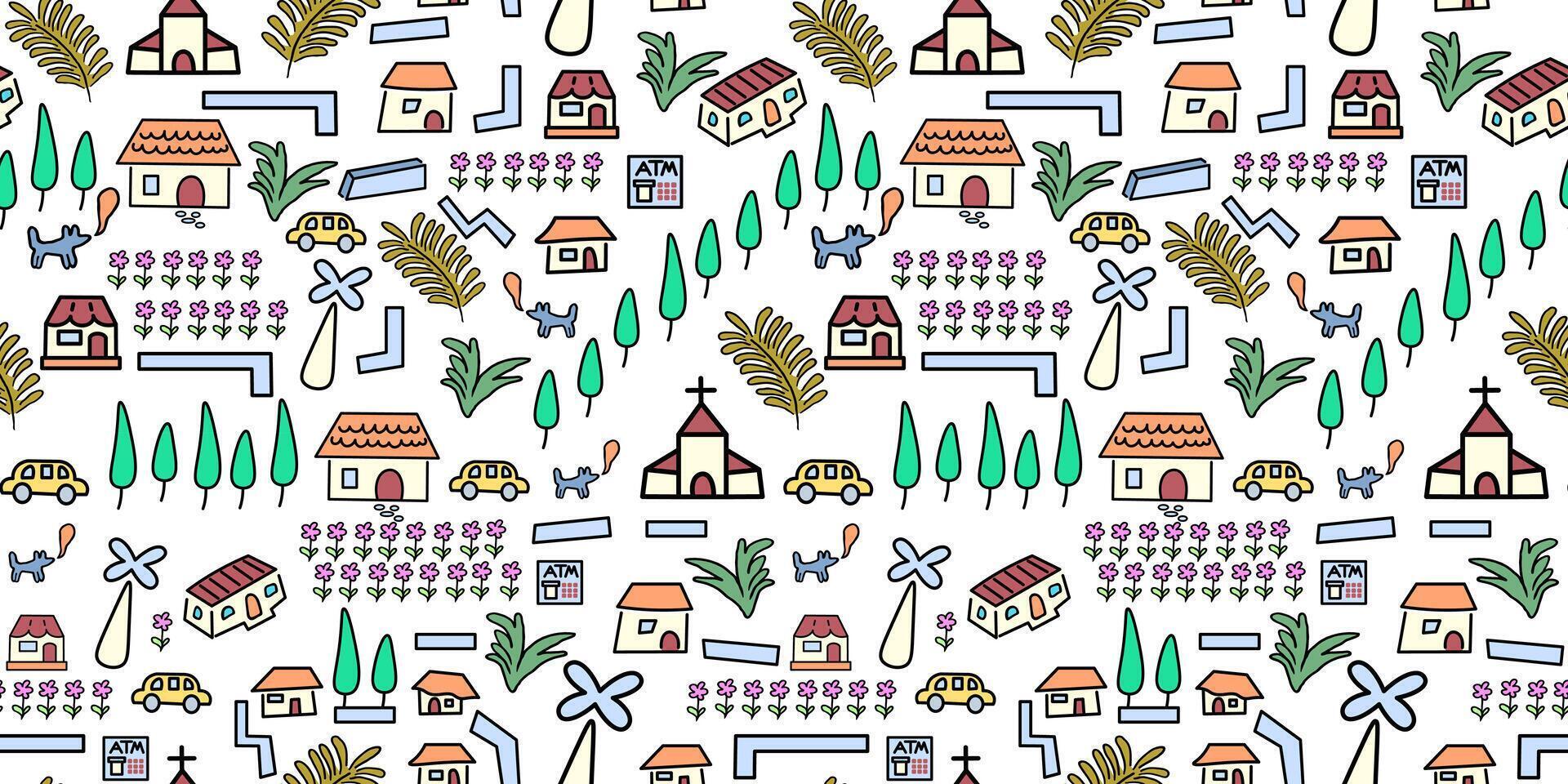 seamless pattern with village map objects in doodle style vector
