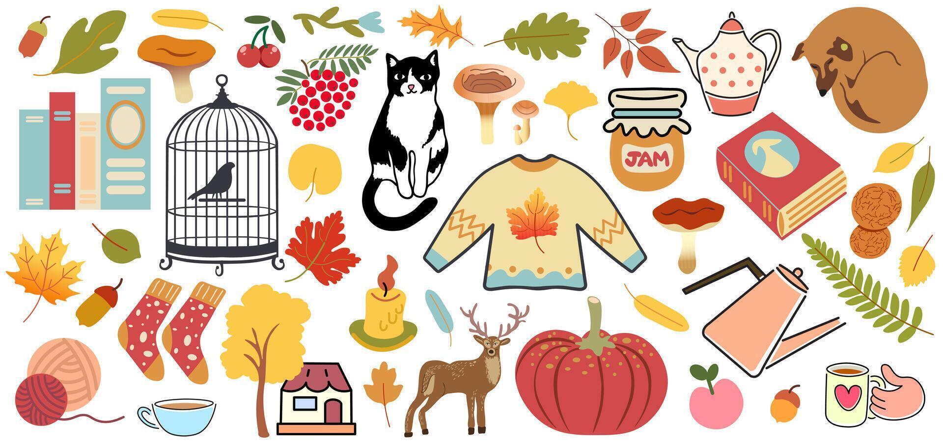 big fall elements set with cat and bird in cage vector