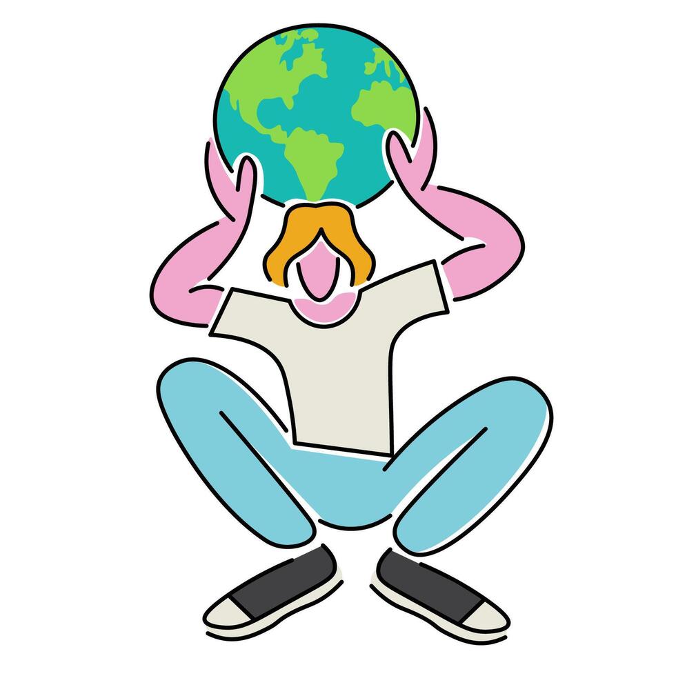 character holding globe on his arms in doodle vector