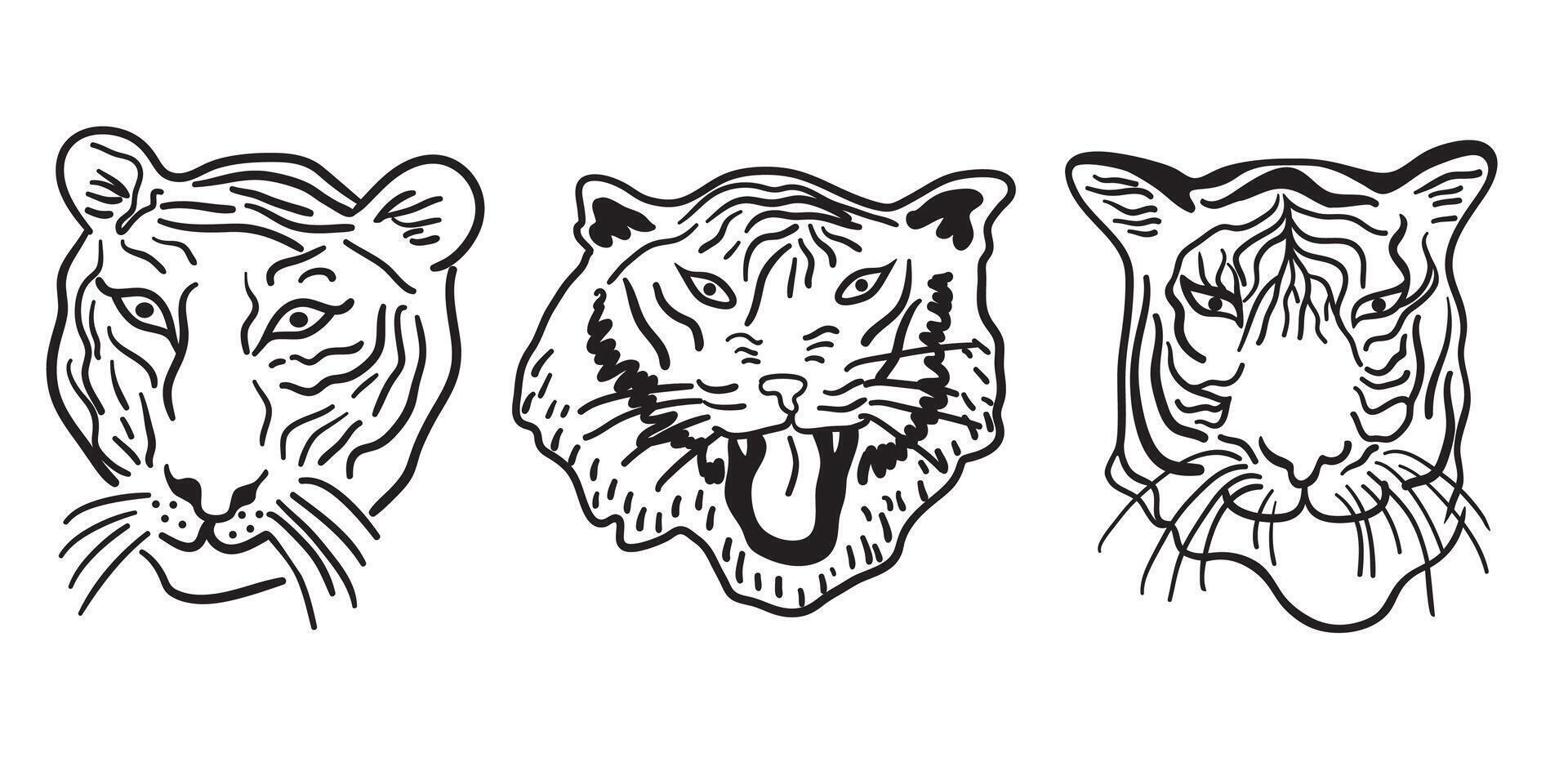 set of line doodle tigers heads vector