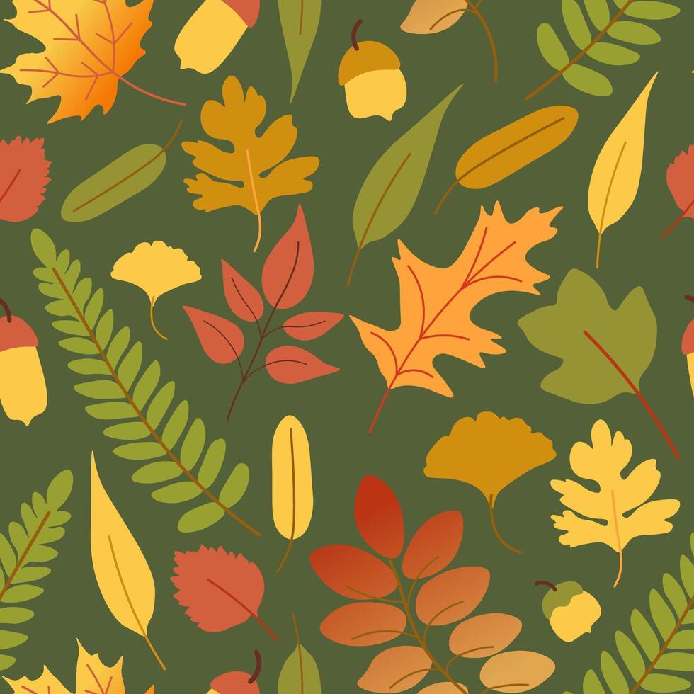 fall seamless pattern with leaf on dark green background vector
