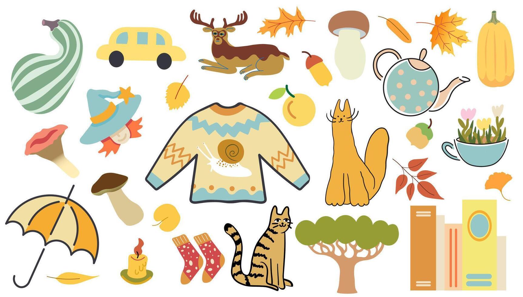 big fall elements set with deer and cat vector