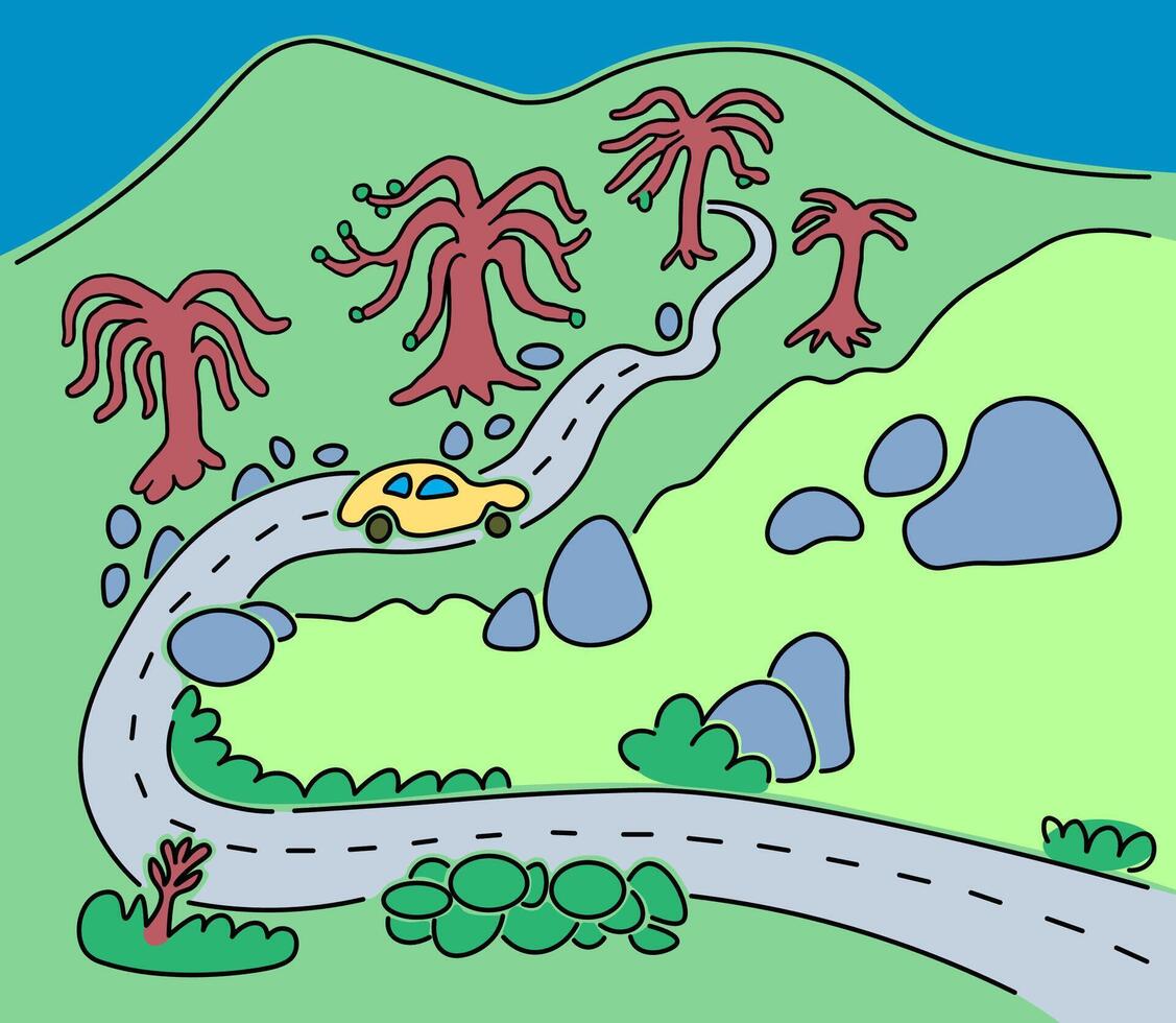 road to the mountains in doodle style vector