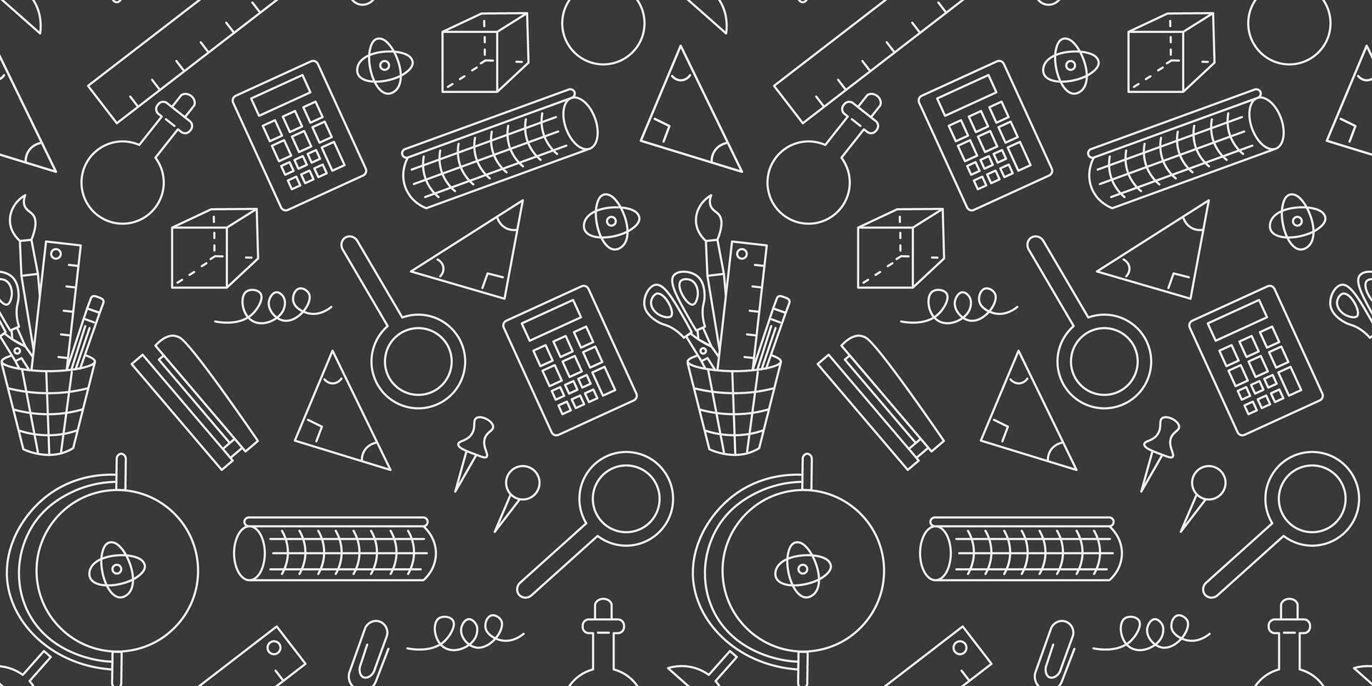 education seamless pattern with white doodles on black background vector